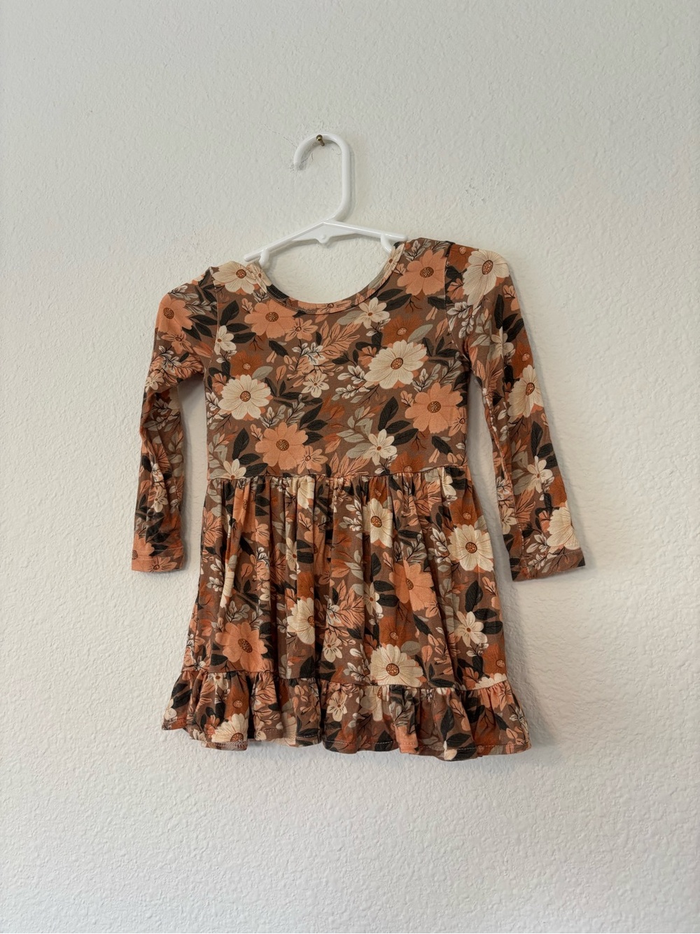 Girls' Floral Ruffle-Hem Long Sleeve Dress - Rust Floral